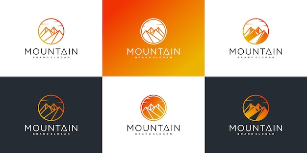 Conjunto de plantilla de diseño de logotipo de montaña con estilo de círculo de lujo vector premium