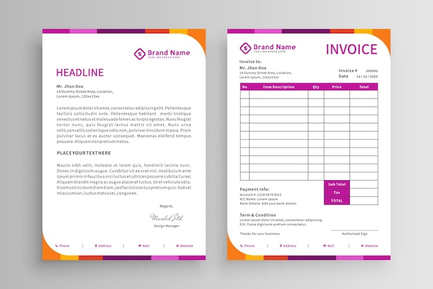Conjunto de plantilla de diseño de membrete y factura