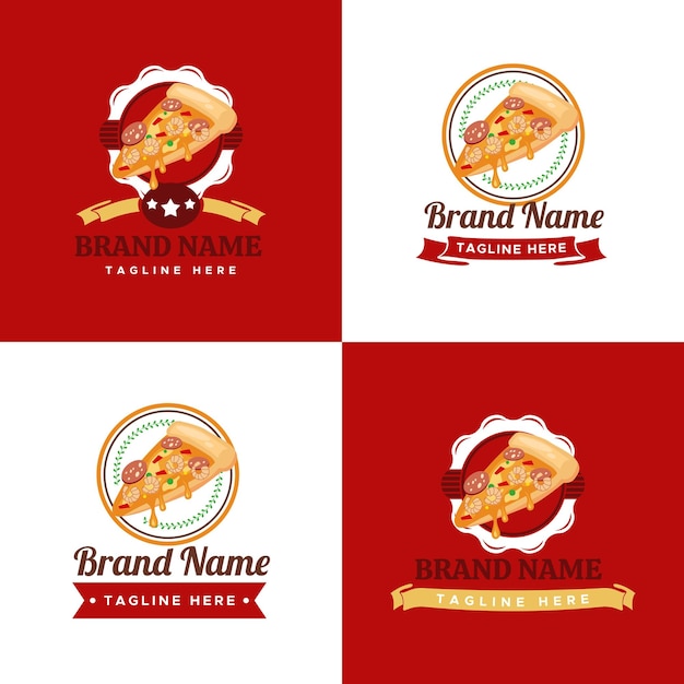 Conjunto de plantilla de diseño de vector de logotipo de pizza para empresa de comida rápida o restaurante en fondo rojo