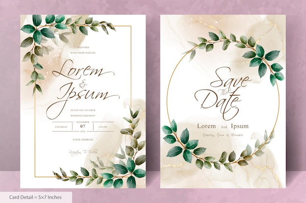 Conjunto de plantilla de invitación de boda elegante marco floral con hojas dibujadas a mano de vegetación