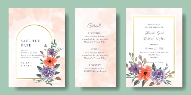 Vector conjunto de plantilla de invitación de boda con marco floral de acuarela naranja púrpura dorado