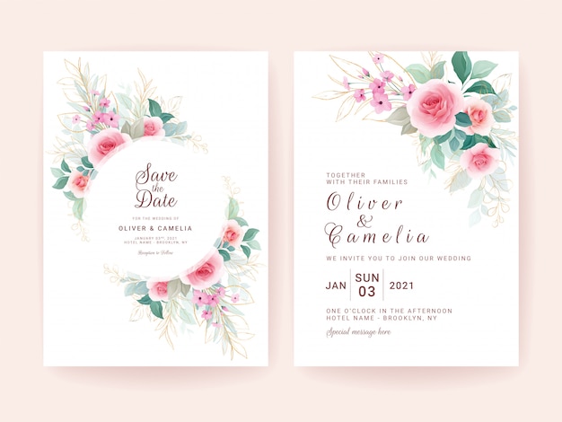 Vector conjunto de plantilla de invitación de boda con marco floral y borde, y hojas de oro.