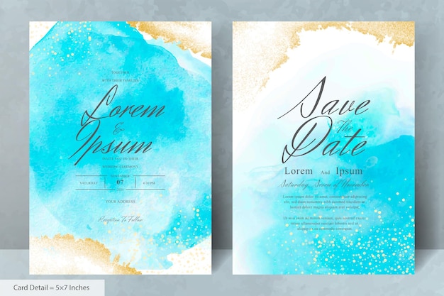 Conjunto de plantilla de invitación de boda moderna con acuarela líquida dibujada a mano abstracta
