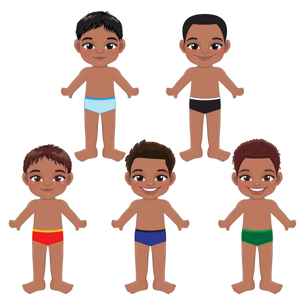 Conjunto de plantilla lateral frontal del cuerpo de niños africanos americanos Niños negros en ropa interior de hombres aislados en el vector de fondo blanco