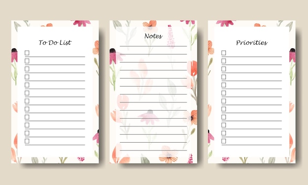 Conjunto de plantilla de lista de notas para hacer con fondo de flores silvestres de acuarela imprimible