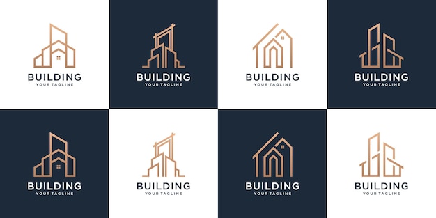 Conjunto de plantilla de logotipo de bienes raíces de construcción de lujo con estilo de línea