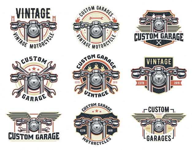 Un conjunto de plantilla de logotipo de motocicleta vintage, paquete de emblema de garaje personalizado retro o insignia.