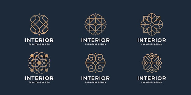 Conjunto de plantilla de logotipo de muebles interiores creativos. muebles abstractos inspiracion diseño dorado.