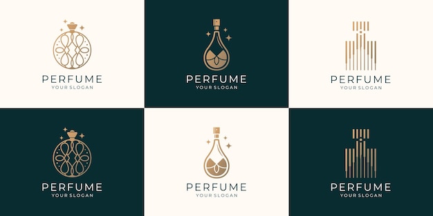 Conjunto de plantilla de logotipo de perfume de botella de lujo. logo para cosmética, belleza, salón, producto, cuidado de la piel.