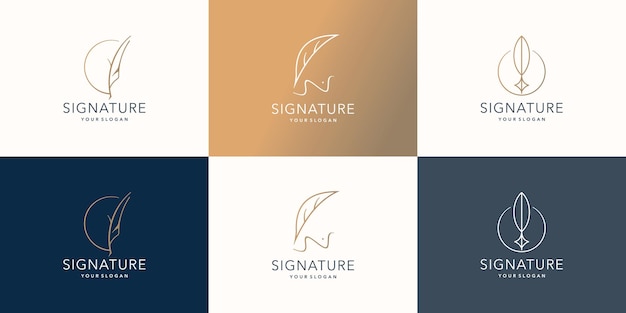 Conjunto de plantilla de logotipo de pluma de pluma minimalista pluma escritura a mano diseño de arte de línea de firma de pluma de oro