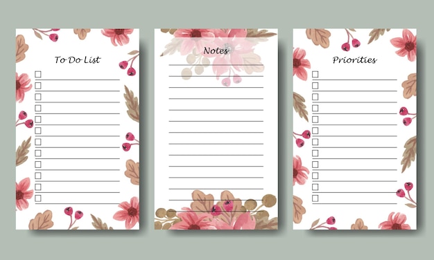 Conjunto de plantilla de planificador de lista de notas para hacer con fondo floral rosa acuarela