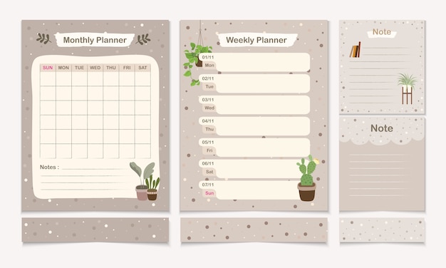 Conjunto de plantilla de planificador mínimo con plantilla de página mensual, semanal y de notas