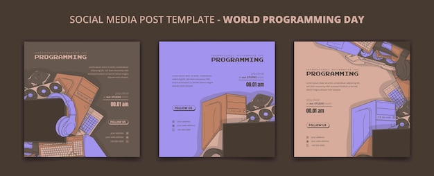 Conjunto de plantilla de publicación en redes sociales para el día internacional de la programación con arte de garabatos de la parte de la computadora