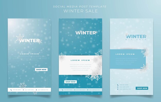 Conjunto de plantilla de publicación en redes sociales con fondo de nevadas para el diseño de venta de día de invierno