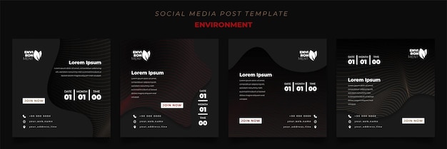 Conjunto de plantilla de publicación en redes sociales con líneas en fondo oscuro para el diseño del entorno