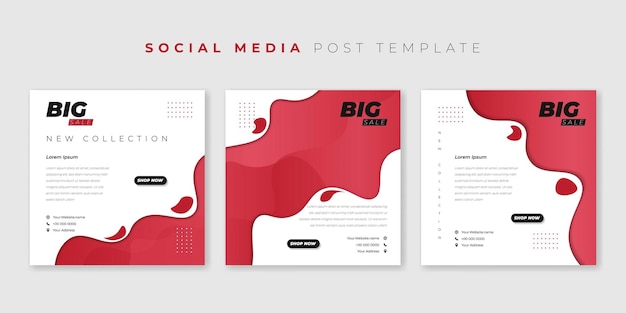 Conjunto de plantilla de publicación en redes sociales con papel rojo simple cortado en diseño de fondo blanco