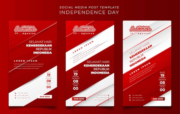 Conjunto de plantilla de publicación en redes sociales con rojo geométrico y blanco para el diseño del día de la independencia de indonesia