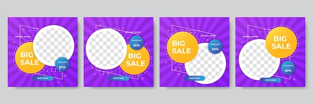 Conjunto de plantilla de redes sociales de publicación cuadrada de descuento de venta. Traje para venta flash, venta de fin de año, venta de Navidad, viernes negro, venta de verano, venta de invierno. Conjunto de diseño de plantilla de banner de oferta especial de venta.