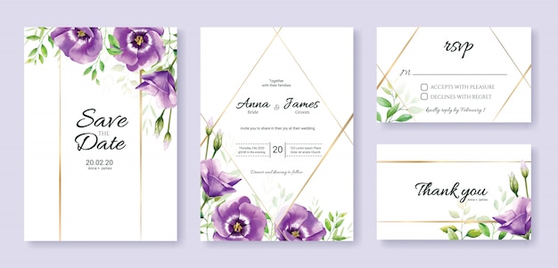 Conjunto de plantilla de tarjeta de invitación de boda. flor purpura.