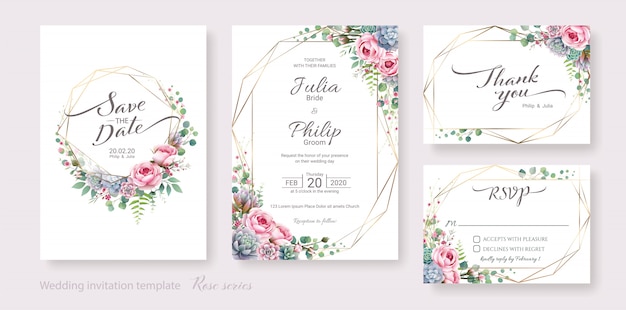 Conjunto de plantilla de tarjeta de invitación de boda. flor suculenta y rosa.