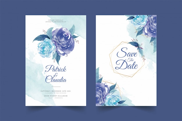 Conjunto de plantilla de tarjeta de invitación de boda floral con flor rosa y hojas premium vector