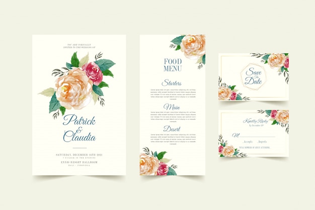 Conjunto de plantilla de tarjeta de invitación de boda floral con flor rosa y hojas premium vector