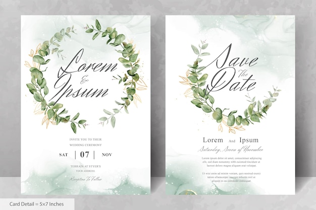 Conjunto de plantilla de tarjeta de invitación de boda de guirnalda floral acuarela verde