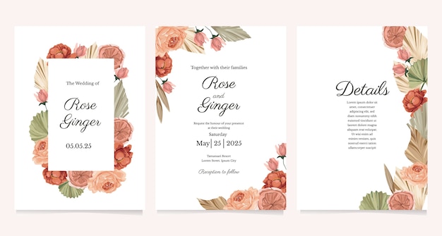 Conjunto de plantilla de tarjeta de invitación de boda con tema de flores