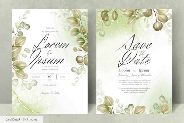 Conjunto de plantilla de tarjeta de invitación de boda verde con arreglo de hojas de eucalipto