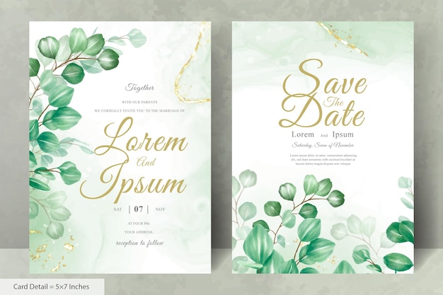 Conjunto de plantilla de tarjeta de invitación de boda verde con arreglo de hojas de eucalipto
