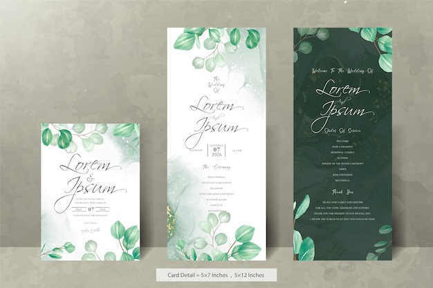 Conjunto de plantilla de tarjeta de invitación de boda verde con hojas de eucalipto