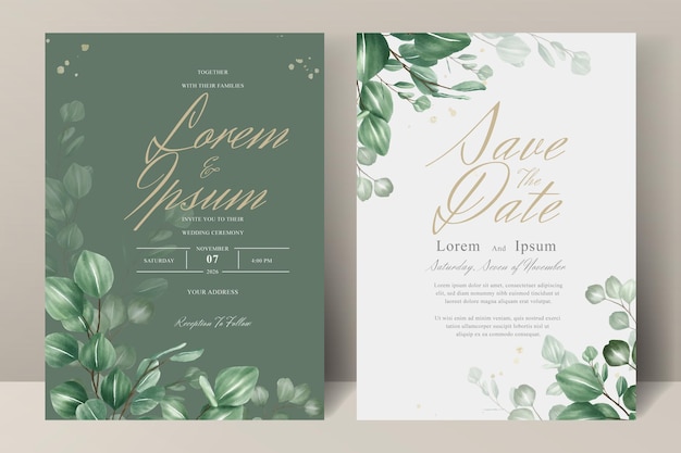 Conjunto de plantilla de tarjeta de invitación de boda verde con hojas de eucalipto