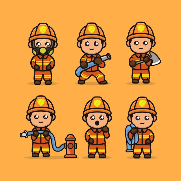 Conjunto de plantilla de vector de ilustración de diseño de mascota de bombero lindo