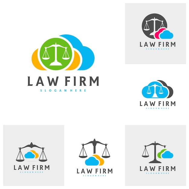 Conjunto de plantilla de vector de logotipo de cloud justice conceptos de diseño de logotipo de bufete de abogados creativos
