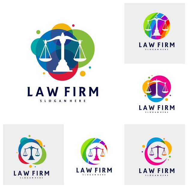 Conjunto de plantilla de vector de logotipo de justicia colorida Conceptos de diseño de logotipo de bufete de abogados creativos