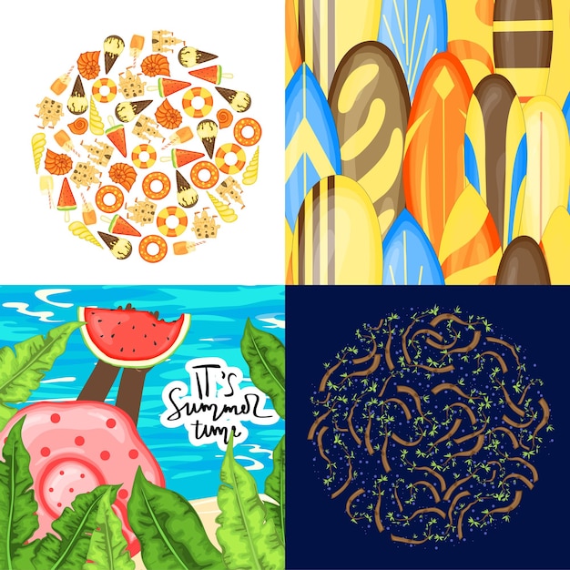 Conjunto de plantilla de verano para texto y patrón estilo de dibujos animados ilustración vectorial