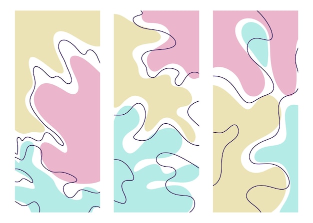 Conjunto de plantillas artísticas de fondos universales coloridos creativos abstractos. Bueno para carteles, tarjetas, invitaciones, volantes, portadas, pancartas, carteles, folletos. Formas de doodle dibujados a mano. Ilustración vectorial