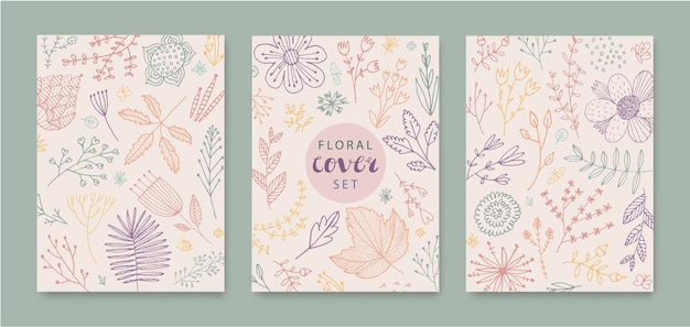 Conjunto de plantillas artísticas universales creativas abstractas vectoriales doodle hojas de flores dibujadas a mano Uso para cartel tarjeta invitación folleto cubierta banner cartel folleto diseño gráfico