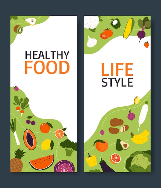 Conjunto de plantillas de banderas verticales de frutas y verduras dibujadas a mano