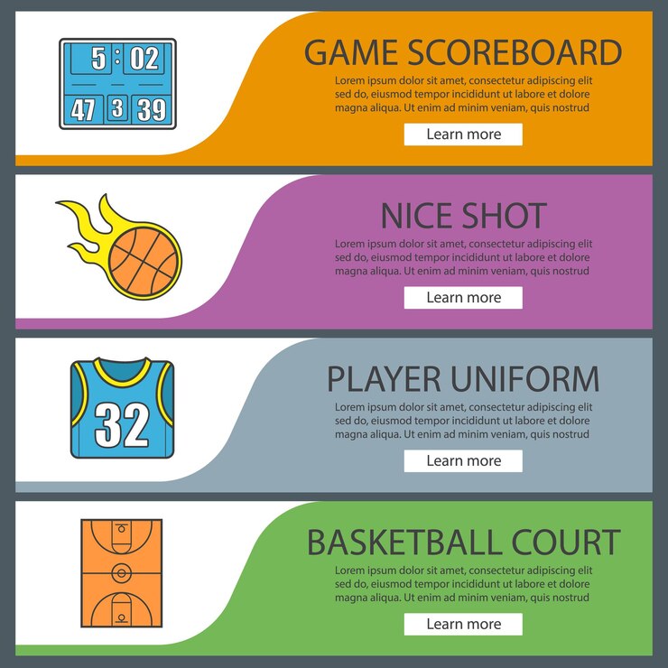 Vector conjunto de plantillas de banner de baloncesto. marcador de juego, uniforme de jugador, bola en llamas, cancha. elementos del menú del sitio web. bandera web de color. conceptos de diseño de encabezados vectoriales