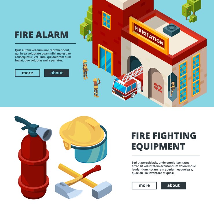 Vector conjunto de plantillas de banner de bombero isométrica