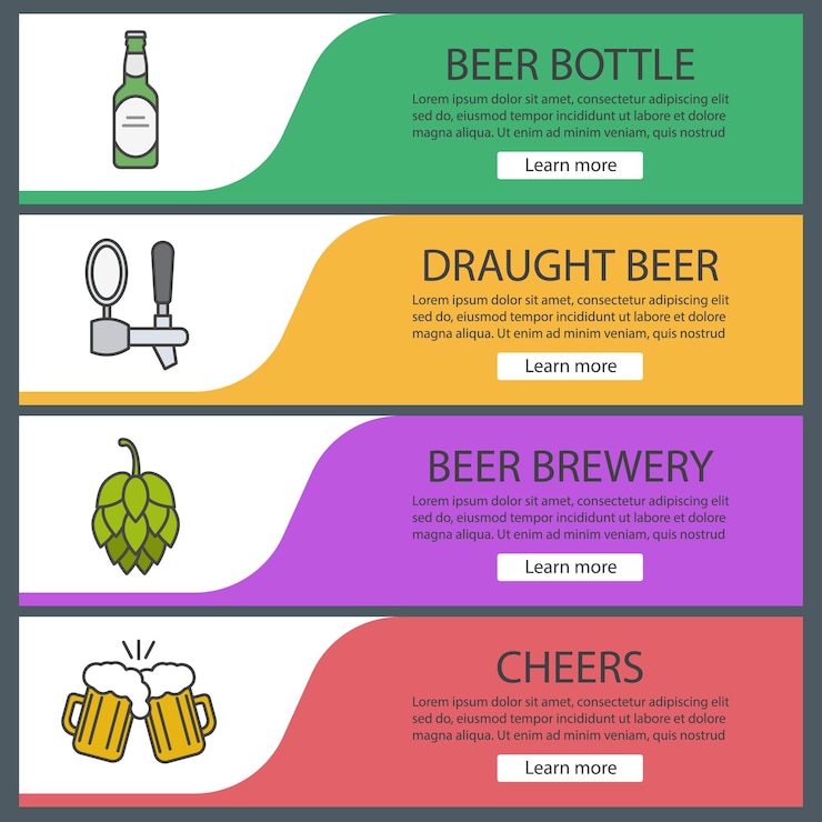 Vector conjunto de plantillas de banner de cerveza. cono de lúpulo, grifo de cerveza, botella y vasos tostados. elementos del menú del sitio web. bandera web de color. conceptos de diseño de encabezados vectoriales