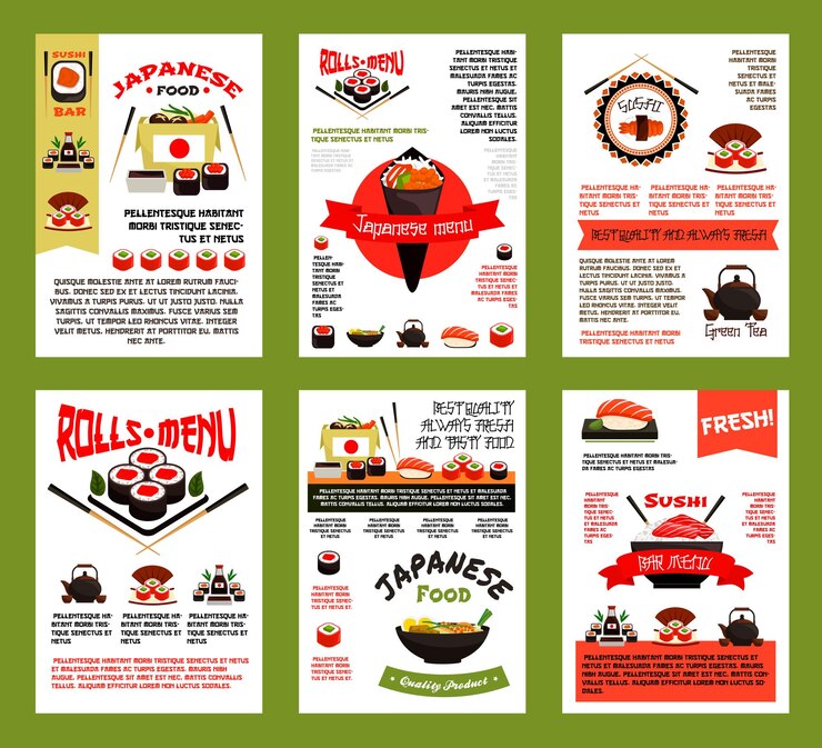 Vector conjunto de plantillas de banner de menú de comida japonesa y sushi