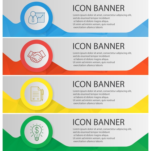 Conjunto de plantillas de banner de negocios Fácil de editar Contrato de presentación con apretón de manos de pluma Elementos de menú de sitio web de idea exitosa con iconos lineales Conceptos de banner web poligonal de color Fondos vectoriales