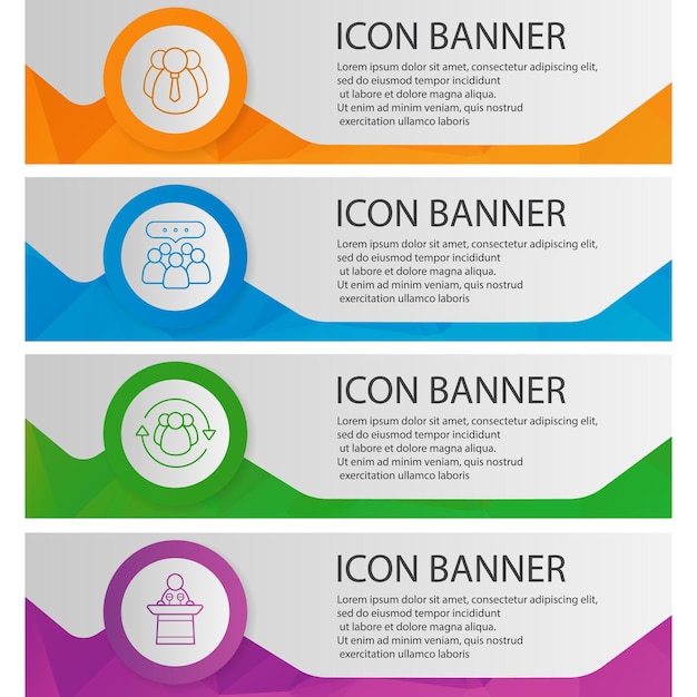 Vector conjunto de plantillas de banner de negocios fácil de editar gerente superior orador de la conferencia trabajo en equipo gestión del equipo elementos del menú del sitio web con iconos lineales conceptos de banner web poligonal en color fondos vectoriales