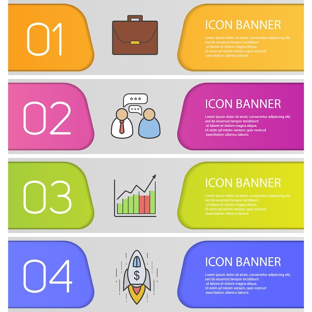 Conjunto de plantillas de banner de negocios. Fácil de editar. Maletín, conversación de trabajo, gráfico de crecimiento y nave espacial. Elementos del menú del sitio web. Bandera web de color. Conceptos de diseño de encabezados vectoriales