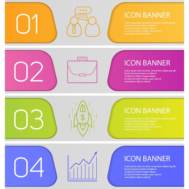 Conjunto de plantillas de banner de negocios. Fácil de editar. Maletín, conversación de trabajo, tabla de crecimiento y nave espacial. Elementos del menú del sitio web con iconos lineales. Bandera web de color. Conceptos de diseño de encabezados vectoriales