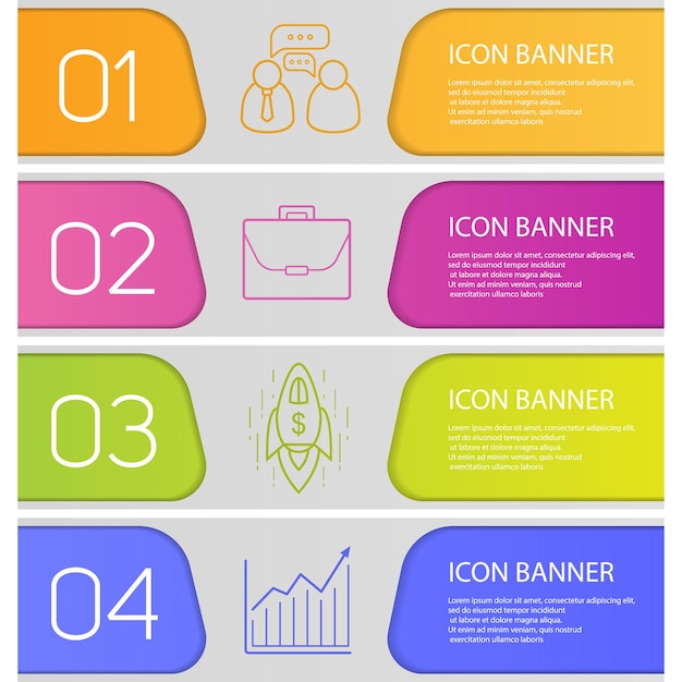 Conjunto de plantillas de banner de negocios. fácil de editar. maletín, conversación de trabajo, tabla de crecimiento y nave espacial. elementos del menú del sitio web con iconos lineales. bandera web de color. conceptos de diseño de encabezados vectoriales