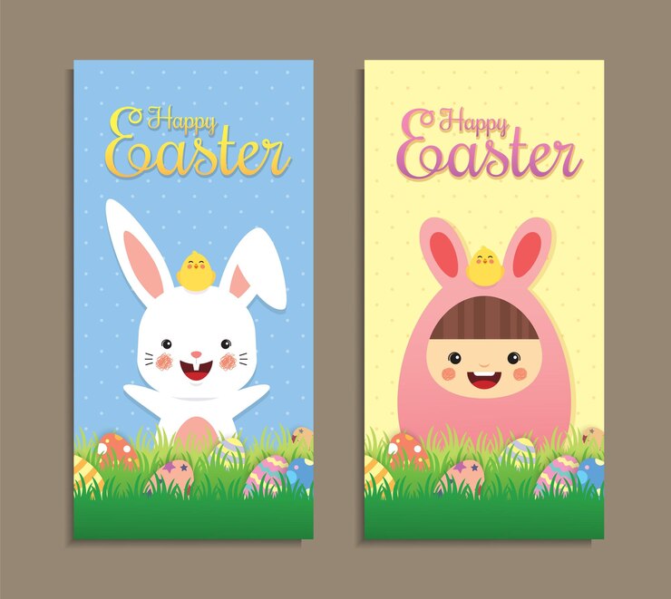 Conjunto de plantillas de banner de Pascua Traje de conejito lindo conejo de dibujos animados con huevos de Pascua en prado verde