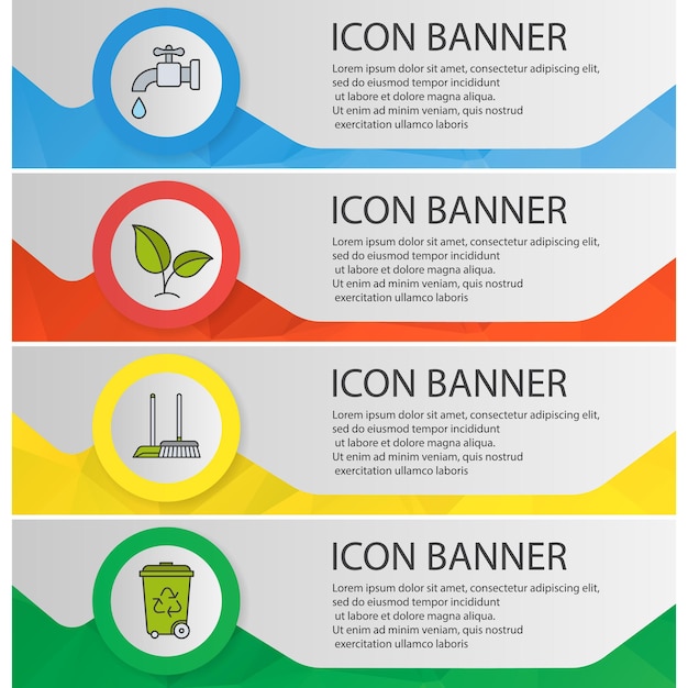 Conjunto de plantillas de banner de protección del medio ambiente. Elementos del menú del sitio web del servicio de plantas, recursos hídricos, limpieza y reciclaje. Conceptos de banner web poligonal de color. Fondos vectoriales